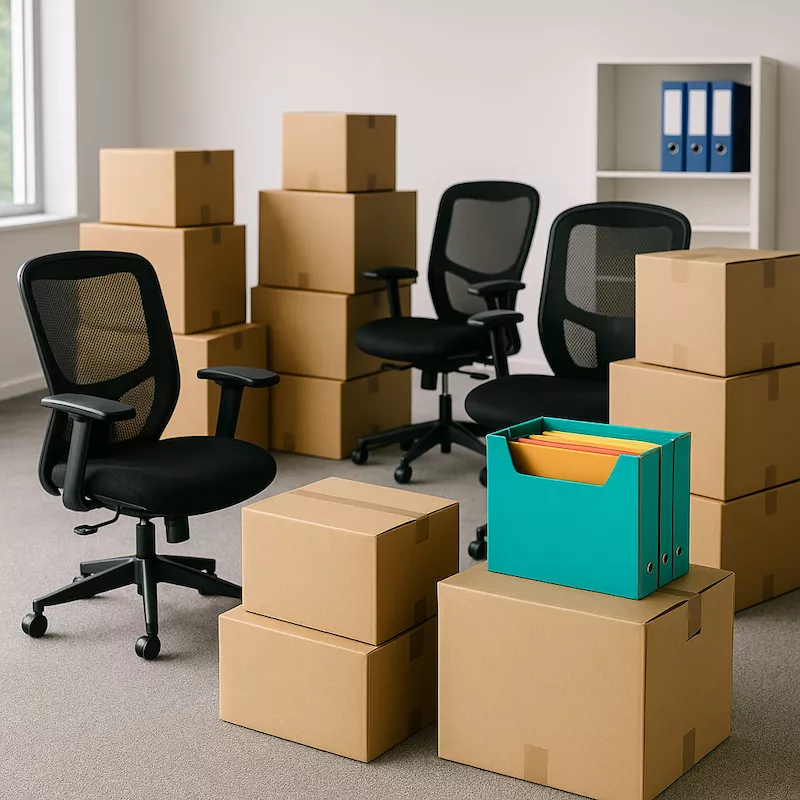 “Kontorsflytt med flyttlådor, kontorsstolar och bokföringsmappar – symboliserar strukturerad företagsflytt med ordning, planering och effektiv organisation”