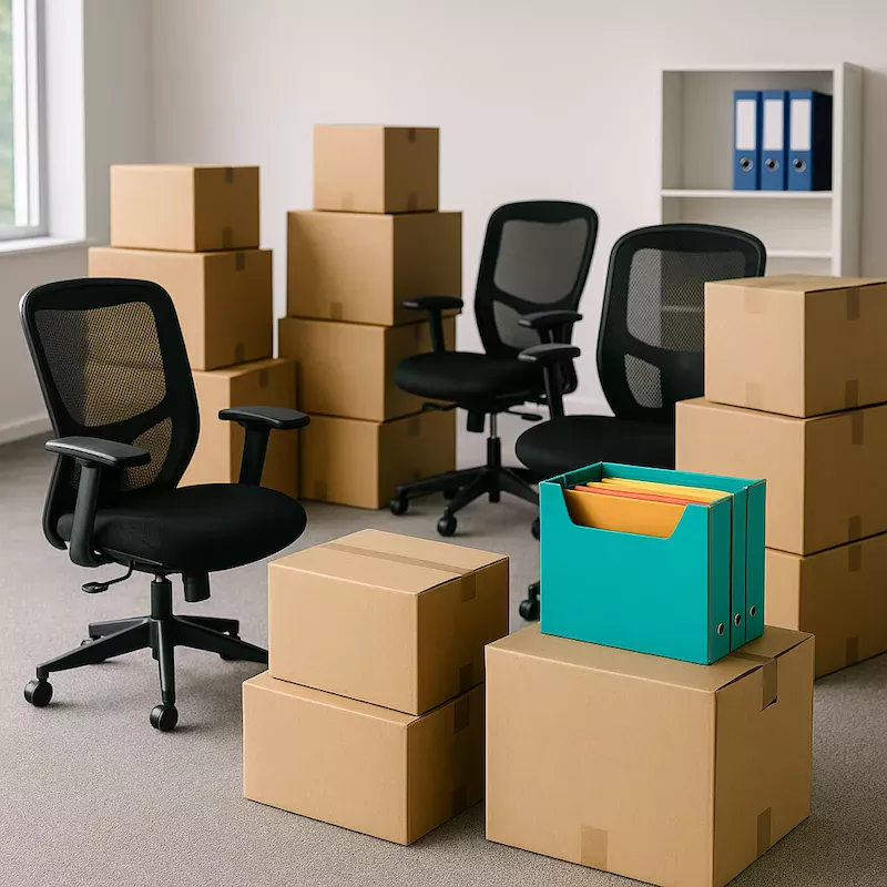 “Kontorsflytt med flyttlådor, kontorsstolar och bokföringsmappar – symboliserar strukturerad företagsflytt med ordning, planering och effektiv organisation”